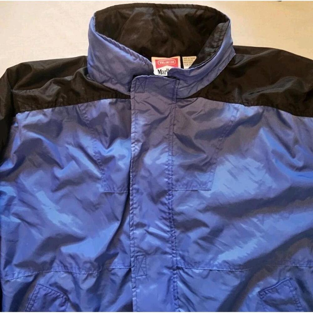 Vintage‎ Marlboro Jacket Men 2XL Blue Patch Hood 90s Windbreaker Gorpcore Grunge
